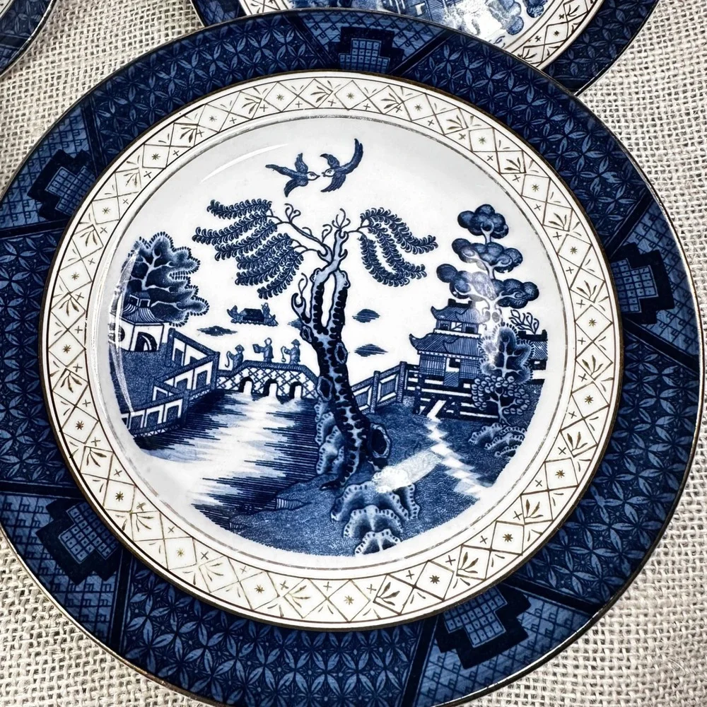 Vintage Occupied Japan Ironstone Blue Willow China Lot 5 Mixed Pieces Gold Trim